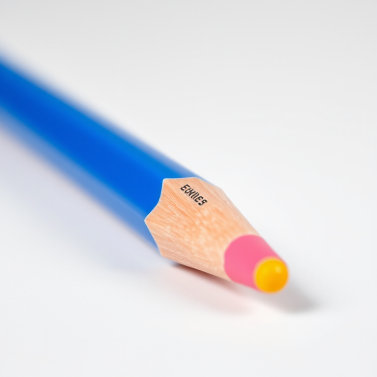 A blue pencil with a pink eraser and yellow band sitting on a white background, ultra high resolution, f/2.8 aperture, 50mm lens, soft natural lighting, macro photography.