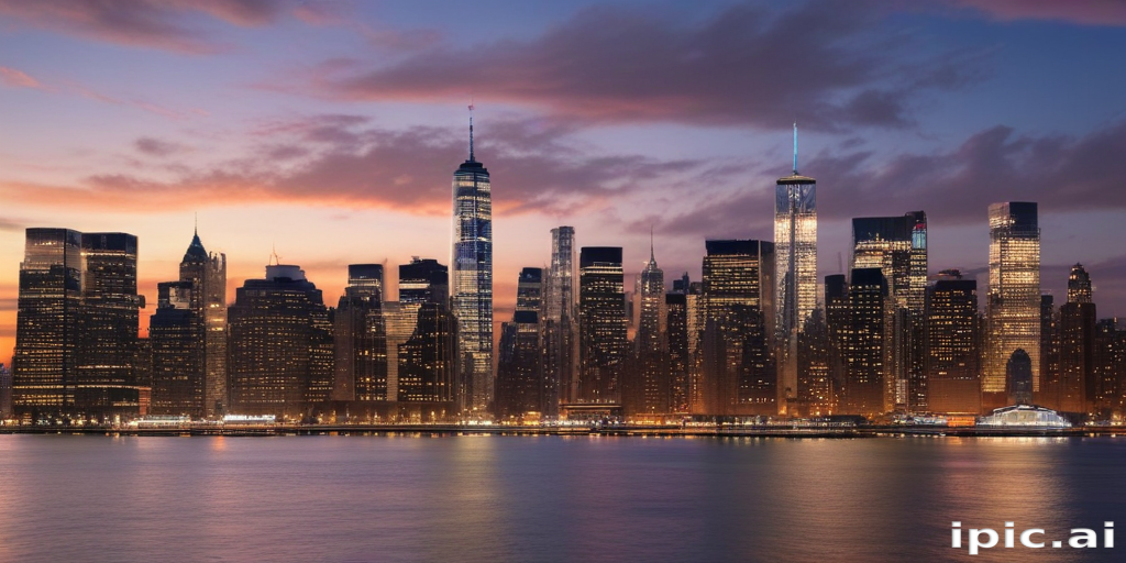 Stunning Sunset Over the New York City Skyline Reflecting on Water