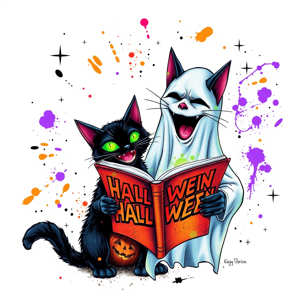 Image of a ghost and a black cat laughing exaggeratedly , and reading a comic halloween comic book, alcohol ink airbrush style, funny halloween theme, white background with neon purple, neon orange, neon green splash, black sparkles stars , dazzling BG