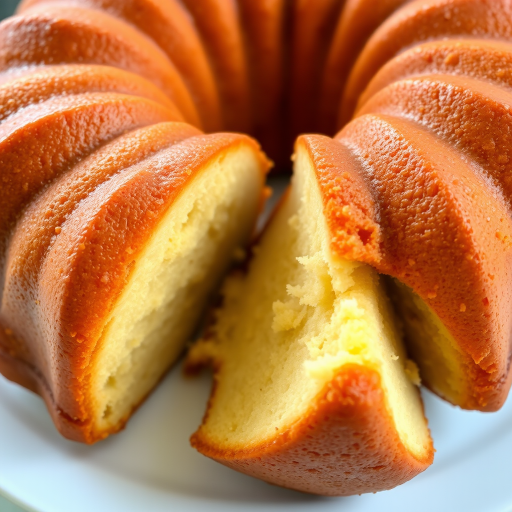 A close-up view of a freshly baked bundt cake with a golden brown crust and a soft, fluffy interior showing a slice cut out revealing its texture and color on a white plate