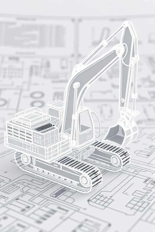 Create a highly detailed 3D wireframe representation of an excavator with technical blueprints in the background, use a Canon EOS R5 camera with an aperture of f/8, ISO 100, 24mm focal length, and a slight tilt-shift perspective to enhance image quality.
