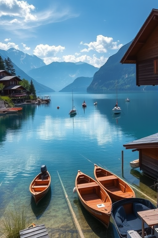 A scenic lakeside view with boats on the water, surrounded by wooden houses and mountains in the background, captured at a high dynamic range, using a DSLR camera at 24mm, f/8, ISO 100, 1/250 sec, wide-angle perspective for enhanced depth.