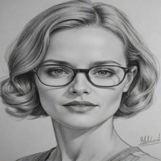 Splendid Kerry Bishe, pencil sketch, portrait of Wonderful woman 1932s in glasses, hair style beatnik, outline, clear lines, fine lines, 8k
