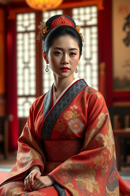 A beautiful Japanese woman in traditional East Asian attire, intricately detailed with embroidered patterns, sitting gracefully in a richly decorated room, soft ambient lighting, serene and elegant, ultra-realistic, 8K resolution