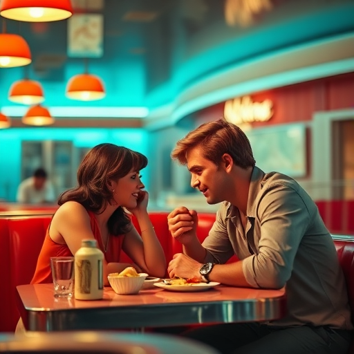 Create a retro 1950s diner scene featuring a couple enjoying a meal together, rich colors and soft focus, captured with a Canon EOS R5, 50mm lens at f/1.8, ISO 200, 1/100s exposure, slight vignette effect.