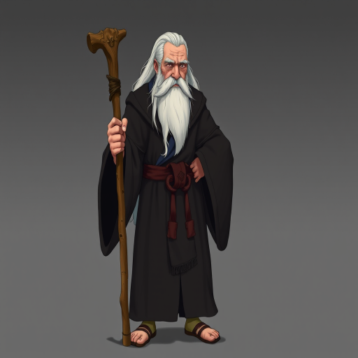 Character design of an old wise man with long white hair, wearing black and grey robes holding a wooden staff in the style of Studio Ghibli, full body shot, fantasy art style