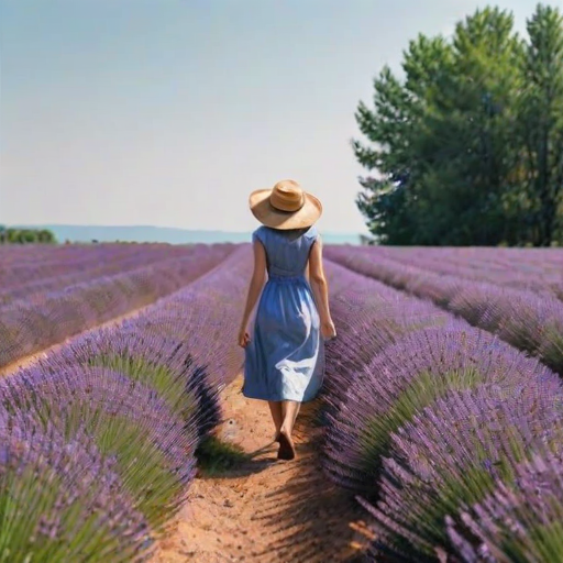 Lavender field stretching to the horizon, the purple flowers swaying gently in the breeze, with a woman in a sunhat walking among them, enjoying the scent.