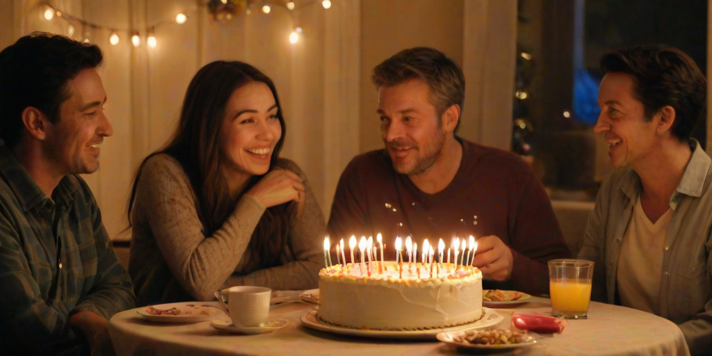 Warmly lit photo of a family gathered around a table for a birthday celebration, soft candlelight illuminating their faces, with a cake in the center and festive decorations hanging in the background.