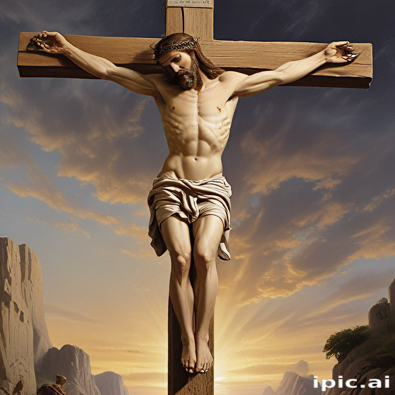 Depiction of Jesus Christ on the Cross Against a Dramatic Sunset Background