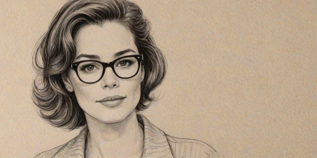 Enticing Parker Posey, pencil sketch, portrait of Attractive woman 1943s in glasses, hair style beatnik, outline, clear lines, fine lines, 8k