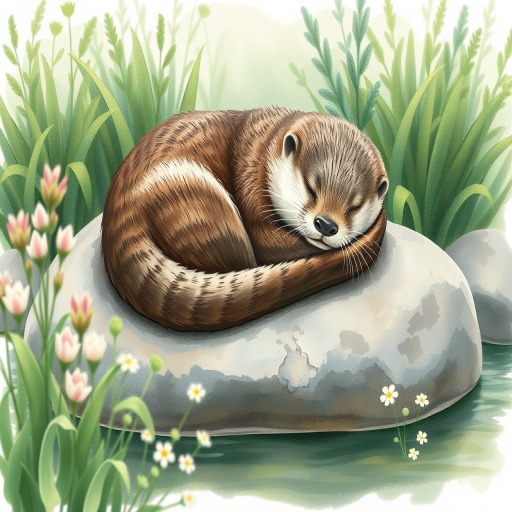 Generate a serene watercolor-style illustration of a sleeping otter curled up on a rock, surrounded by lush green plants and delicate flowers, captured with a Canon EOS R5 at f/4.0, ISO 100, 50mm lens, wide-angle view for a soft depth of field effect.