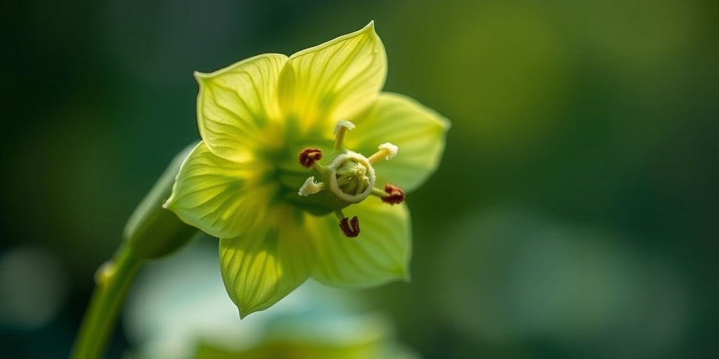 Capture a close-up of a delicate green hellebore flower with a soft bokeh background, using a DSLR camera, 50mm lens, f/1.8 aperture, ISO 100, 1/200s shutter speed, and natural lighting for enhanced detail and vibrant colors.