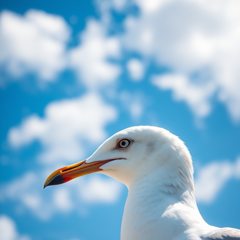 high-resolution close-up of a seagull with detailed feathers against a bright blue sky with fluffy white clouds, shot with a Canon EOS R5, 85mm lens, aperture f/2.8, ISO 100, natural lighting, shallow depth of field