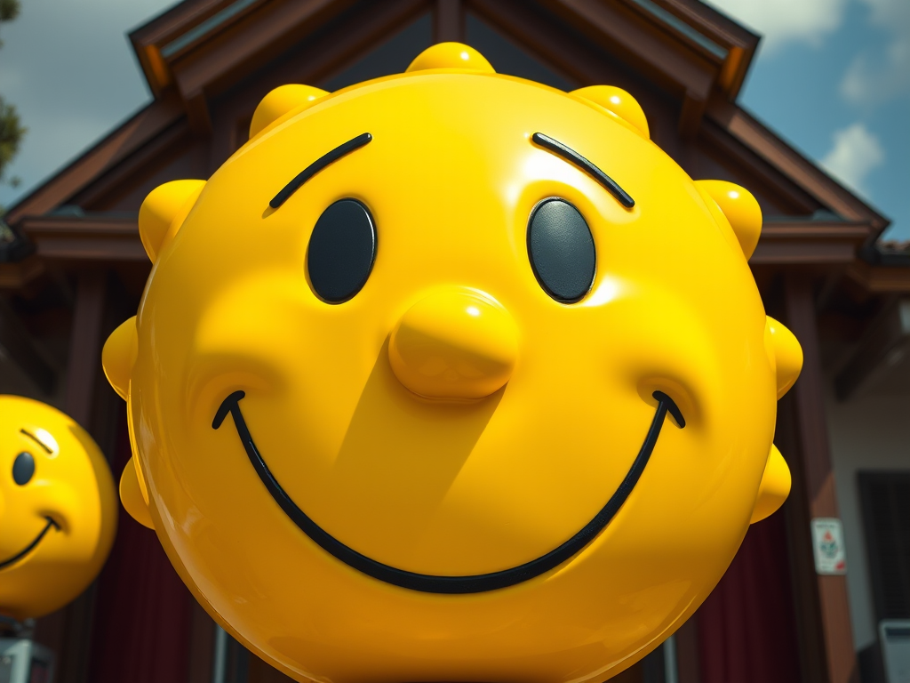 Create a vivid and high-resolution digital art image of a large bright yellow smiley face with exaggerated features, using a Canon EOS R5 camera with a 50mm f/1.2 lens, aperture set to f/2.8, ISO 100, and natural lighting for a vibrant effect.