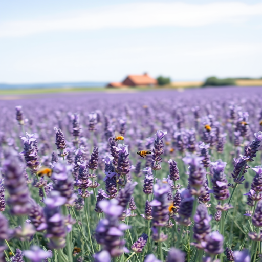 Sharp, detailed image of a field of lavender in full bloom, bees buzzing between flowers, soft purple hues stretching to the horizon, a distant farmhouse visible under a clear blue sky, soft breeze rustling the flowers.