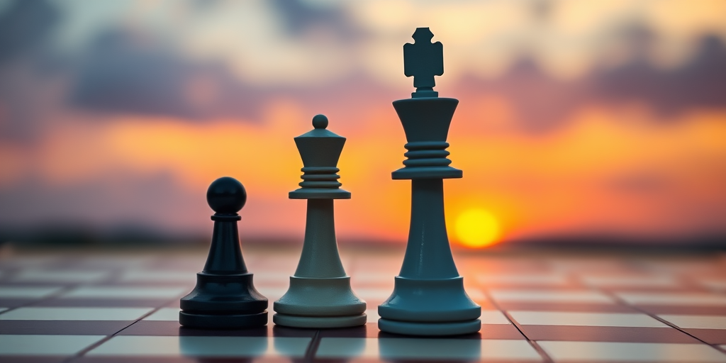 Generate an image of two chess knights, one black and one white, on a chessboard with a dramatic sunset background, using a DSLR camera at f/2.8, ISO 100, 50mm lens, shot in portrait mode for enhanced depth of field and vivid colors.