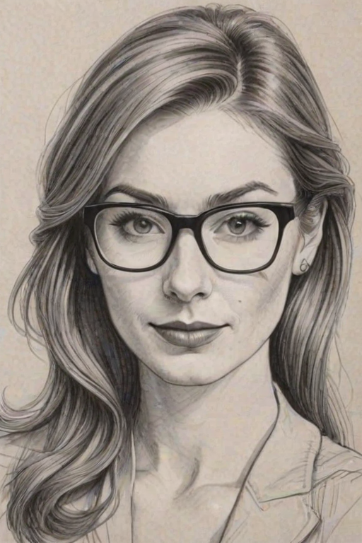 Fetching Felicia Day, pencil sketch, portrait of Graceful woman 1980s in glasses, hair style beatnik, outline, clear lines, fine lines, 8k