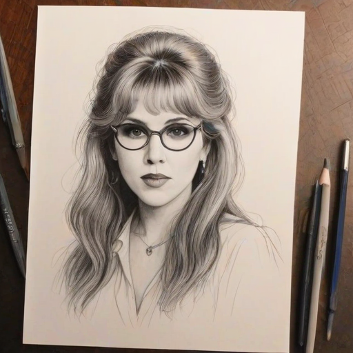 Graceful Stevie Nicks, pencil sketch, portrait of Fascinating woman 1948s in glasses, hair style beatnik, outline, clear lines, fine lines, 8k