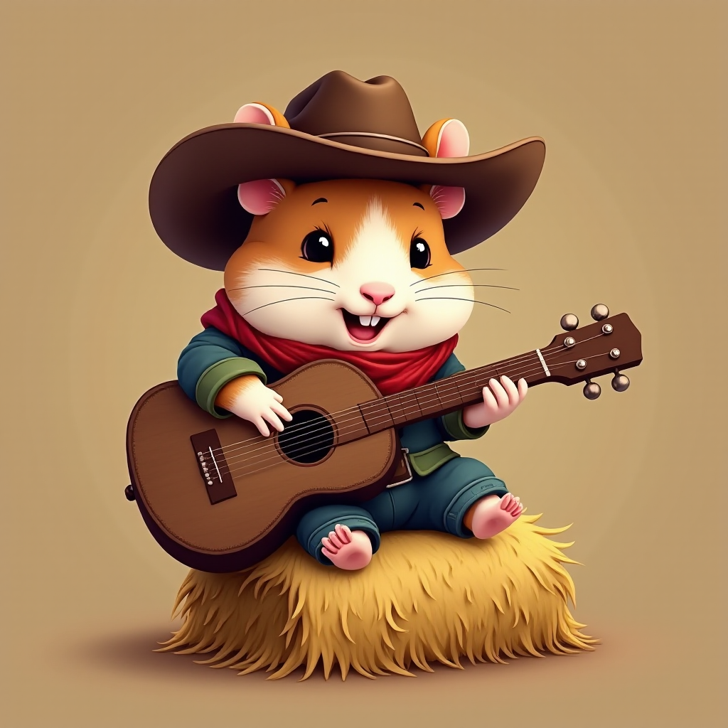 A chibi hamster, dressed as a cowboy, playing guitar, sitting on a hay bale