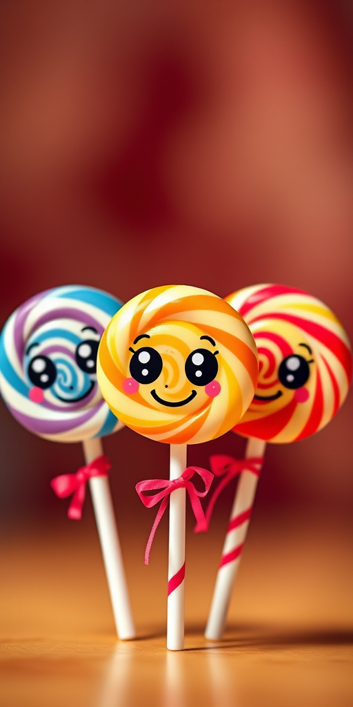 Generate a high-resolution image of three cute cartoon lollipops in a bright and colorful style with expressive faces, using a DSLR camera with a 50mm lens, aperture f/1.8, ISO 100, and a shallow depth of field to enhance the background blur.