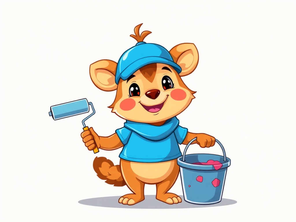 Create a vibrant cartoon character illustration of a playful animal in a blue cap holding a paint roller and a bucket, with a cheerful expression, against a simple background, using a DSLR camera with a 50mm lens, f/1.8 aperture, ISO 200, and soft natural lighting.