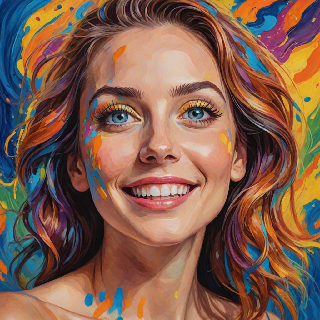 Generate a psychedelic portrait of a woman's happy face with brushstrokes of a woman smiling and looking up at the sky, emphasizing bright and bold colors. The dominant color should be deep blue, with swirling patterns of yellow, green, pink, purple and orange. open blue eyes with long eyelashes, apply an orange-yellow eyeshadow for a mesmerizing effect.
