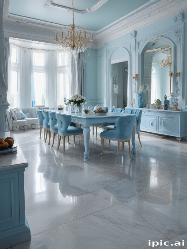 Elegant Dining Room with Blue Accents, Crystal Chandelier, and Marble ...