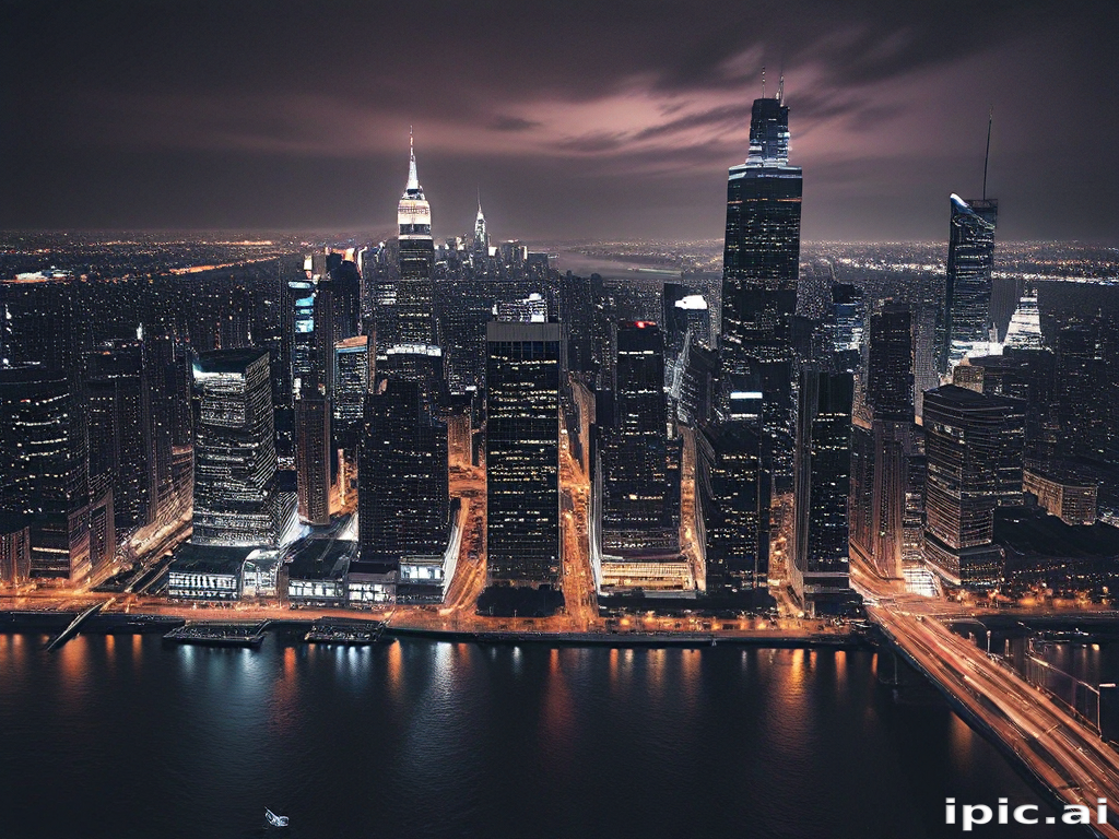 Stunning Aerial View of a Vibrant City Skyline at Night