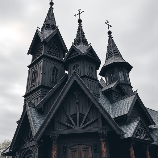 Regenerate image of an intricate wooden church with multiple spires and a dark exterior, taken with a DSLR camera at ISO 100, aperture f/8, shutter speed 1/200s, wide-angle lens, shot from a low angle to emphasize height and detail.