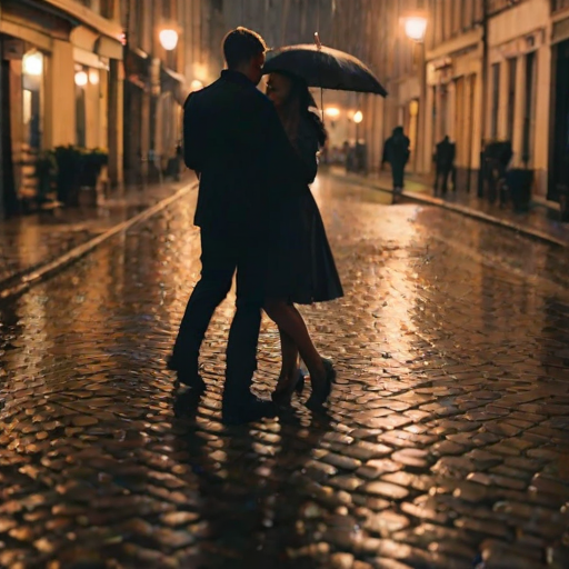 Blurry, candid shot of a couple dancing in the rain on a cobblestone street, the wet ground reflecting the soft glow of nearby streetlights, with distant pedestrians watching from under umbrellas.