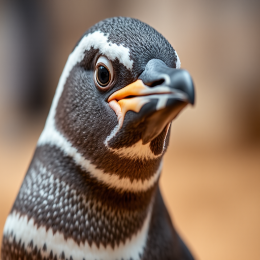 Capture a close-up of an African penguin with a shallow depth of field, using a DSLR camera, 85mm lens, f/1.8 aperture, ISO 200, 1/500 sec shutter speed, at eye level to emphasize the textures of the feathers and the penguin's expression, with a soft blurred background.