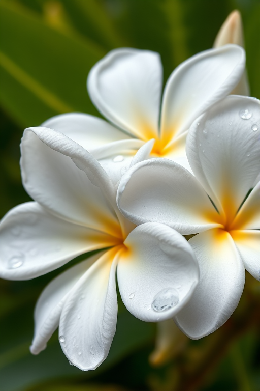 close-up of white plumeria flowers with water droplets on petals, soft-focus background of green leaves, f/2.8 aperture, 100mm macro lens, ISO 200, natural light, DSLR camera