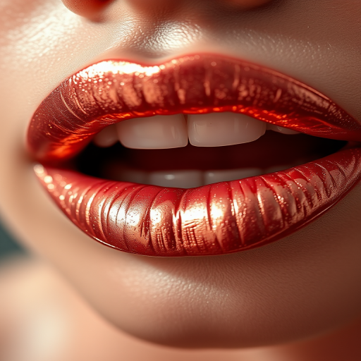 Shimmering rose gold lips glisten with metallic sheen, reflecting light in a mesmerizing display of luxury and sophistication, perfect for glamorous close-up shots