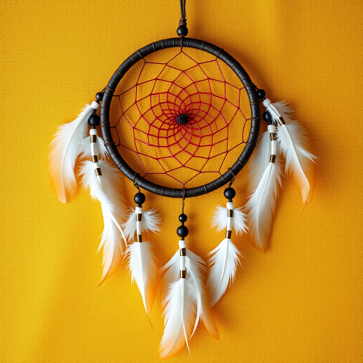 Create a high-resolution image of a dream catcher with intricate details and feathers on a textured golden background using a DSLR camera with a 50mm lens, aperture f/2.8, ISO 100, shot from a straight-on perspective in natural light.