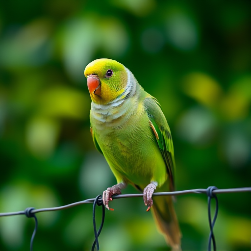 Capture a close-up of a green parakeet perched on a wire fence with a blurred background of lush greenery, using a Canon EOS 5D Mark IV, aperture f/2.8, ISO 100, shutter speed 1/500 sec, natural light to enhance colors and details.