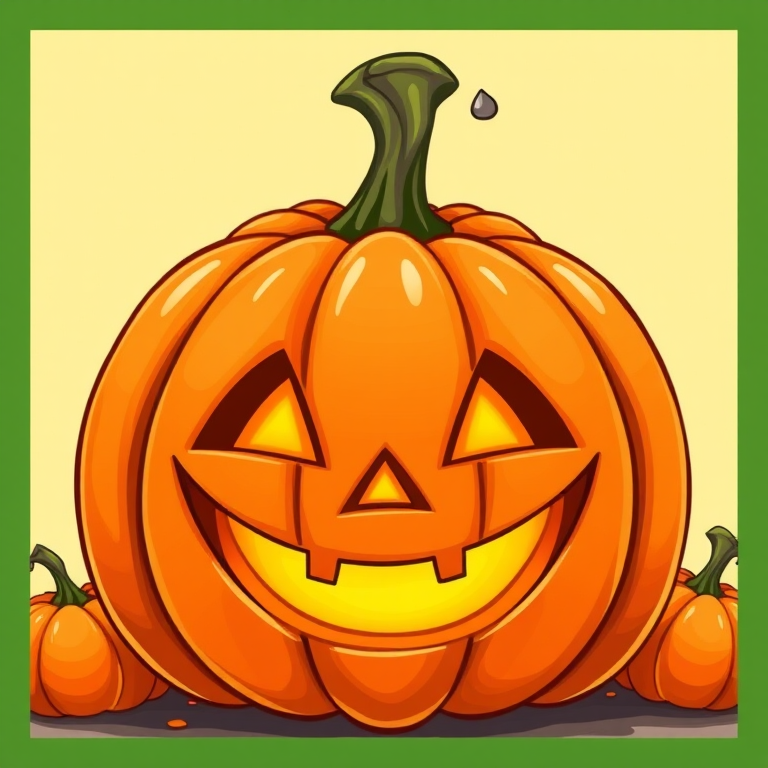 create a vibrant illustration of a smiling pumpkin face with carved features, surrounded by a green border, using a DSLR camera at f/2.8 aperture, ISO 100, shot from a frontal view with soft natural lighting to enhance color richness and clarity