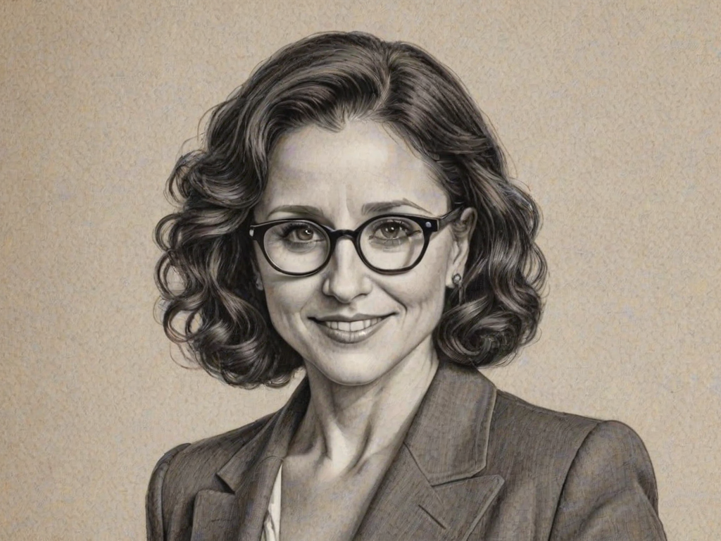 Exquisite Julia Louis-Dreyfus, pencil sketch, portrait of Splendid woman 1938s in glasses, hair style beatnik, outline, clear lines, fine lines, 8k