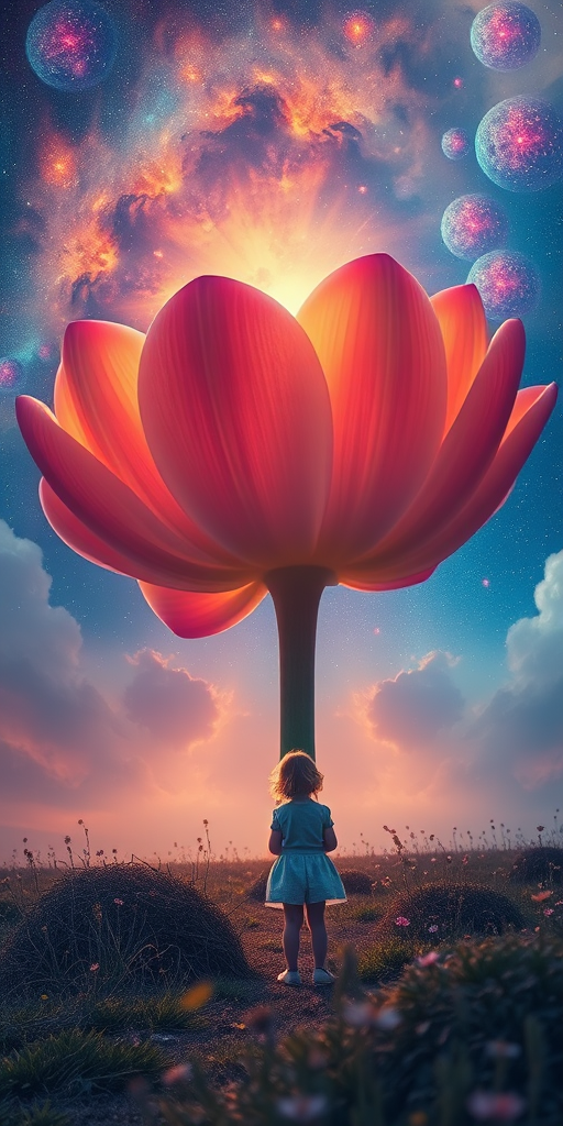 Generate an ethereal landscape featuring a child in awe of an enormous glowing flower against a cosmic sky, with vibrant colors and detailed textures, captured with a Canon EOS R5 at f/1.8, ISO 100, 35mm lens in HDR style.