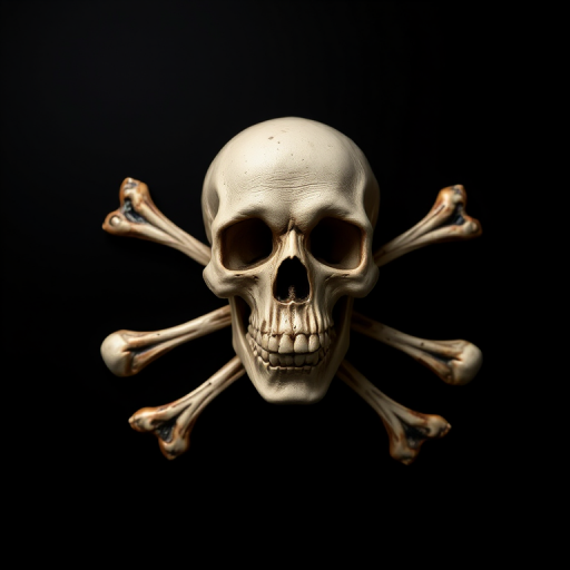 Create a high-resolution image of a pirate skull and crossbones on a solid black background, using a DSLR camera with a 50mm lens, aperture set to f/2.8, ISO 100, and shot from a straight-on view for clarity and detail.