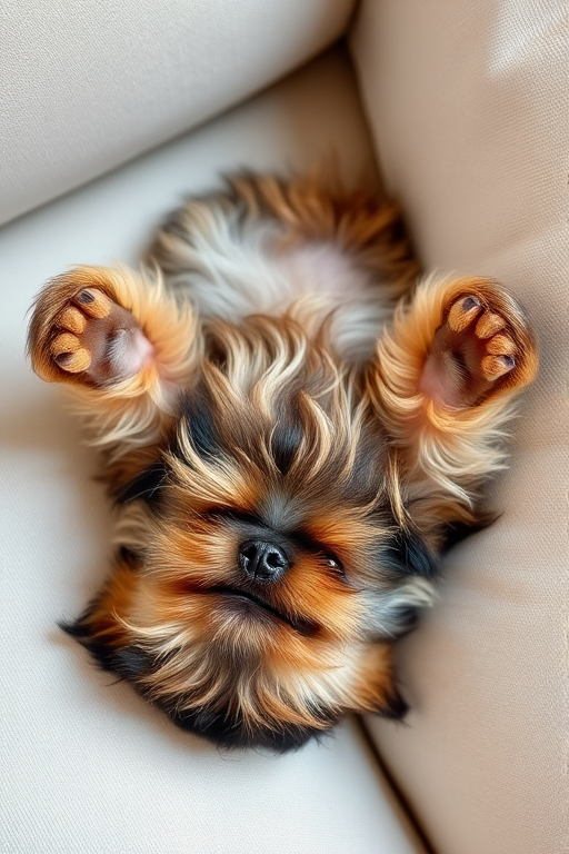 Create an image of a small fluffy dog lying on its back on a light colored couch with its paws in the air showcasing its playful and relaxed demeanor. The dog's fur should be a mix of brown and black with a cute expression on its face.