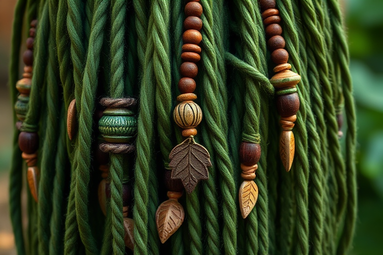 Enchanting forest green dreadlocks adorned with wooden beads and leaf-shaped charms, Sylvan's hair embodies nature's beauty, with thick rope-like strands falling to the waist in an organic arrangement