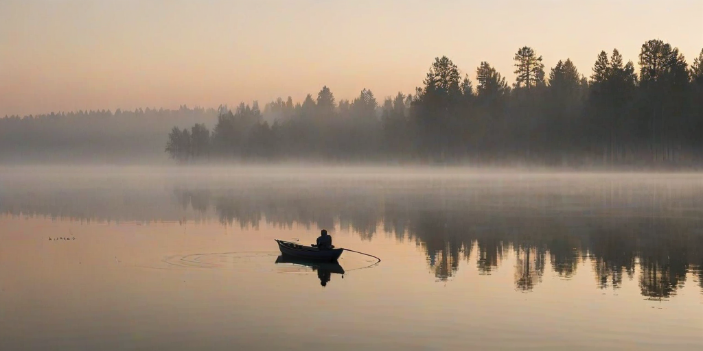 Softly focused photo of a lone fisherman in a small boat on a mist-covered lake at dawn, soft light from the rising sun reflecting on the calm water, with distant trees barely visible through the fog.