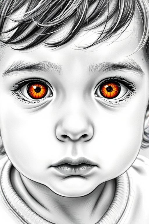 A hyperdetailed photorealistic black and white sketch of a beautiful toddler with deep orange eyes, with a macro focus
