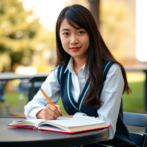portrait of a female student sitting at a table outdoors, writing in a notebook with a pencil, wearing a school uniform with a vest and white shirt, soft natural lighting, shallow depth of field, 50mm lens, f/1.8, ISO 100, aperture priority mode, capturing vibrant colors and clear details in the background