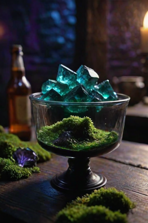 scene, emerald on a table, tavern, close-up, energy, epic, moss, crystal, purple and blue theme, dark fantasy, low light, depth of field, highly detailed, high contrast, film grain, Rim Lighting, Long Exposure, DSLR, Product-View
