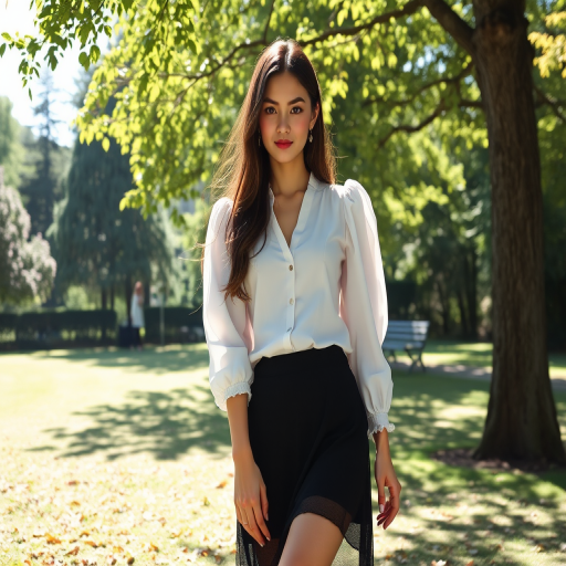 Em1ru wearing white blouse and black skirt posing for the picture at the park in the shade, sunny, casting shadows, vivid, intricate details