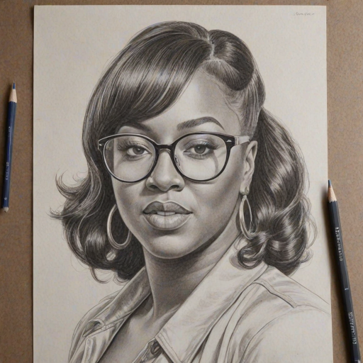 Resplendent Missy Elliott, pencil sketch, portrait of Ravishing woman 1938s in glasses, hair style beatnik, outline, clear lines, fine lines, 8k