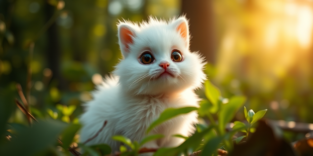 Create a highly detailed portrait of a fluffy white creature with large expressive eyes sitting in a lush green forest, soft afternoon sunlight filtering through the leaves, using a Canon EOS R5 with an 85mm f/1.4 lens at ISO 100, aperture set to f/2.8, shutter speed 1/200s, in a shallow depth of field for a dreamy effect.