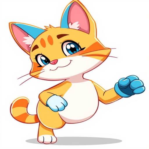 Create a vibrant, cartoon-style illustration of a cheerful cat character with blue ears and gloves, positioned dynamically to the right, using a high-resolution digital illustration technique; camera settings: f/4, ISO 100, 1/200s; camera view: eye level; camera style: vector art; camera type: digital tablet.