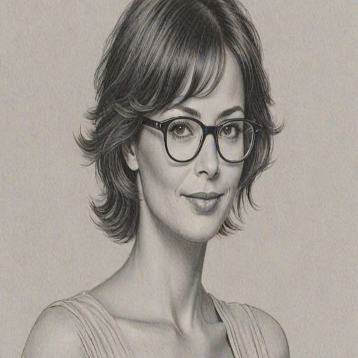 Stunning Catherine Bell, pencil sketch, portrait of Enchanting woman 1979s in glasses, hair style beatnik, outline, clear lines, fine lines, 8k